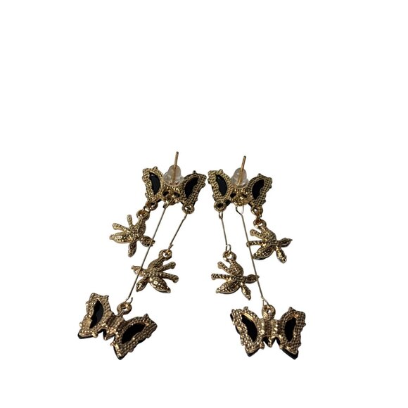 Butterfly Dangle Earrings Black Clear Rhinestone Accents Goldtone 2 inches - Picture 4 of 5